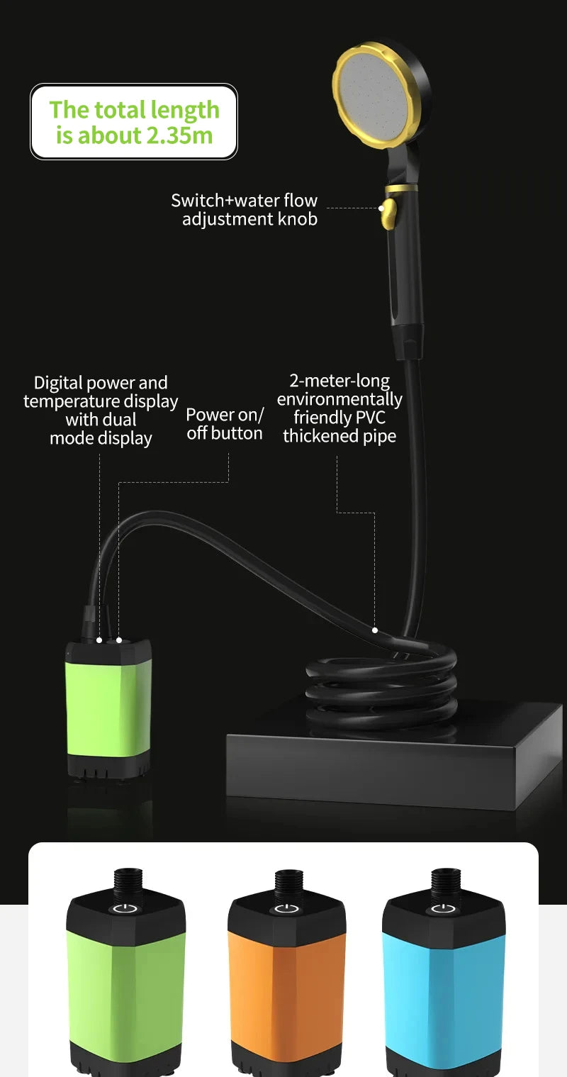 Rugged Road camping shower pump with Full Screen Intelligent Digital Display Adjustable 6000mAh Shower Kit