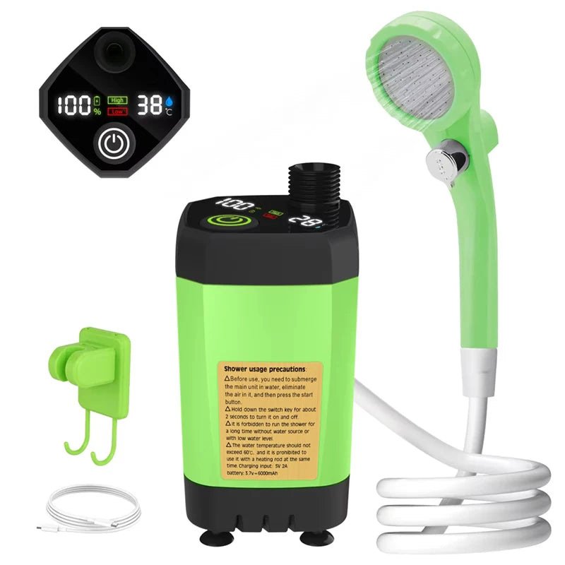 Rugged Road camping shower pump with Full Screen Intelligent Digital Display Adjustable 6000mAh Shower Kit