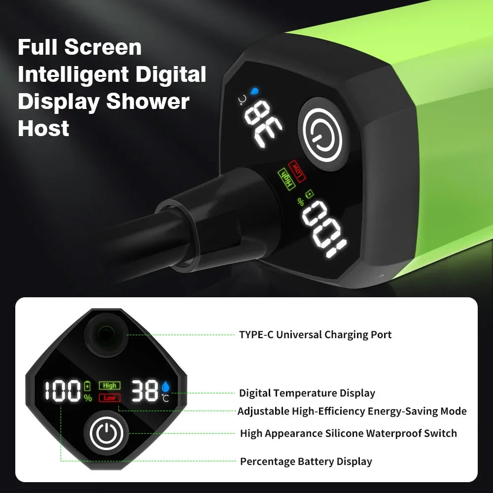 Rugged Road camping shower pump with Full Screen Intelligent Digital Display Adjustable 6000mAh Shower Kit