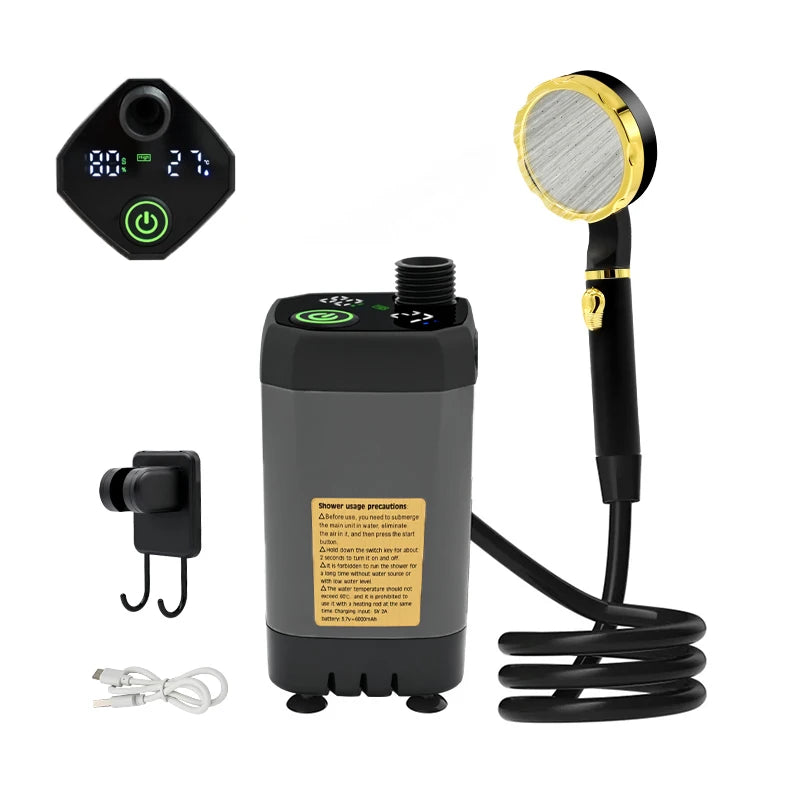 Rugged Road camping shower pump with Full Screen Intelligent Digital Display Adjustable 6000mAh Shower Kit