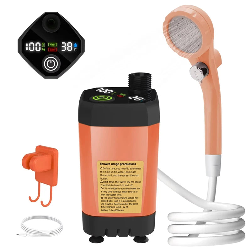 Rugged Road camping shower pump with Full Screen Intelligent Digital Display Adjustable 6000mAh Shower Kit